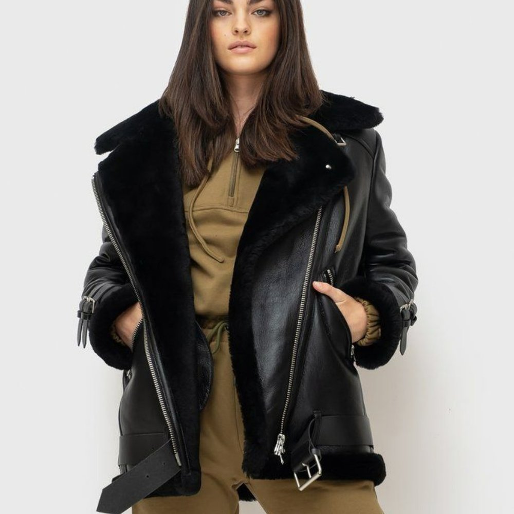 NWOT DUCIE London Serena Shearling Fur Coat Biker Style Black Leather Jacket - L